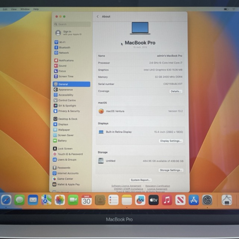 MacBook Pro 15 2019 Silver I7 2.6ghz 32/512